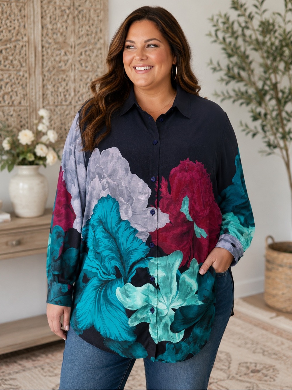 The Kit Floral Button-Up Blouse Teal & Magenta on Navy Blue, 100% Tencel
